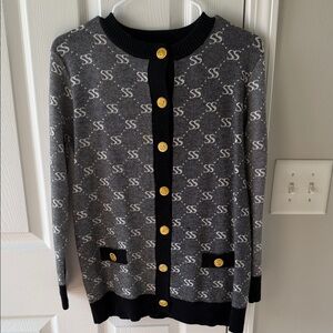 Black and Gray Patterned Button-Front Women's Sweater